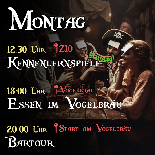 Montag - 09:00 Uhr Begrüßung im Audimax, 12:30 Uhr Kennenlernspiele und Snacks im Z10, 18:00 Uhr Abendessen im Vogelbräu, 20:00 Uhr Kneipentour mit Start am Vogelbräu